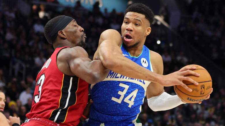 Giannis Antetokounmpo drives against Bam Adebayo as Heat linked to blockbuster trade proposal