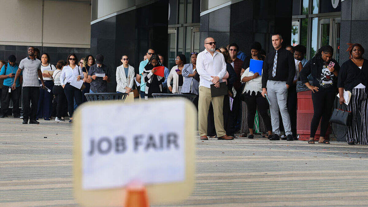 SUNRISE, FLORIDA - APRIL 30: People line up as they wait for the Mega JobNewsUSA South Florida Job Fair to open at the Amerant Bank Arena on April 30, 2025 in Sunrise, Florida. SUNRISE, FLORIDA - APRIL 30: People line up as they wait for the Mega JobNewsUSA South Florida Job Fair to open at the Amerant Bank Arena on April 30, 2025 in Sunrise, Florida.