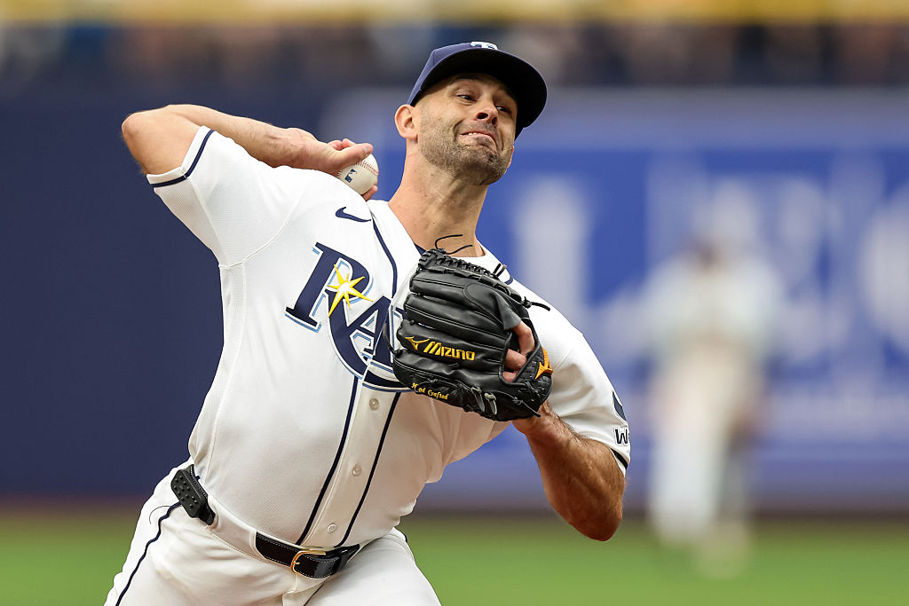 ST. PETERSBURG, FL - APRIL 22: Nick Martinez #28 of the Tampa Bay Rays throws against the Cincinnati Reds during the fifth inning of a baseball game at Tropicana Field on April 22, 2026 in St. Petersburg, Florida. (Photo by Mike Carlson/Getty Images)