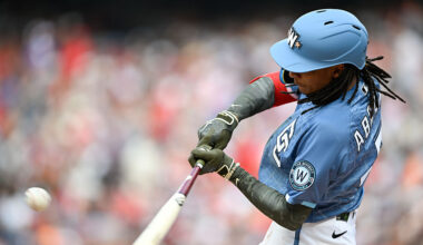 WASHINGTON, DC - MAY 16: CJ Abrams #5 of the Washington Nationals hits an RBI double in the third inning during the game between the Baltimore Orioles and the Washington Nationals at Nationals Park on Saturday, May 16, 2026 in Washington, District of Columbia. (Photo by Hannah Foslien/MLB Photos via Getty Images)