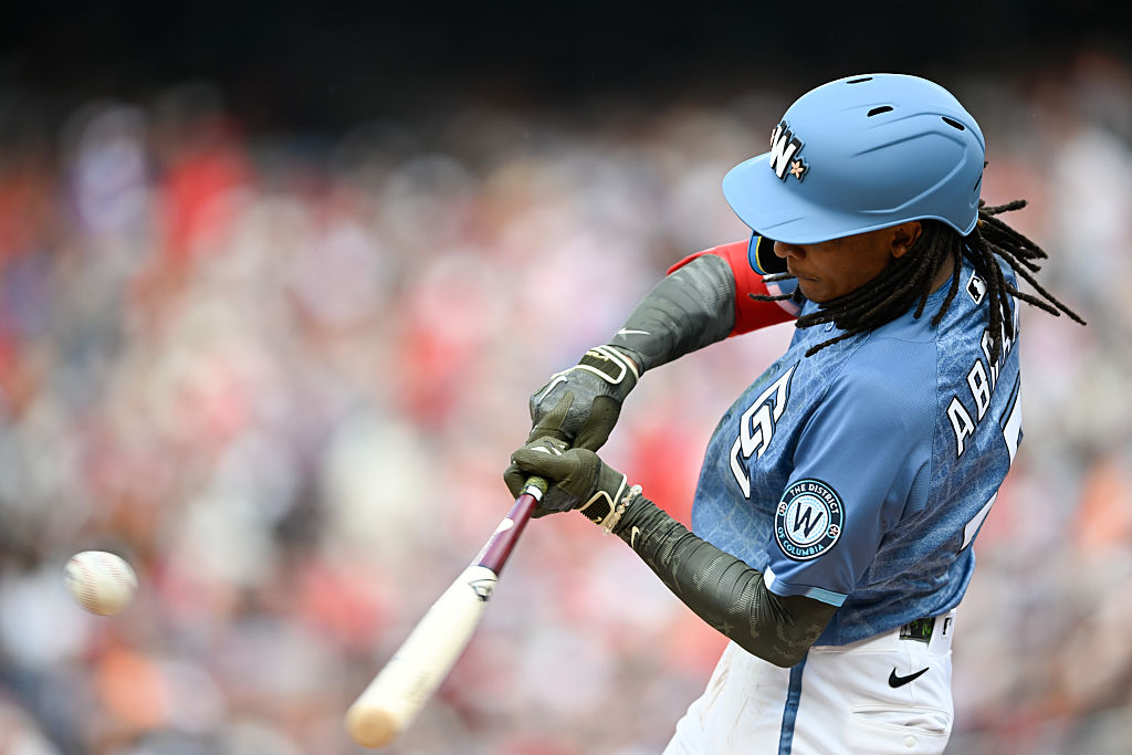 WASHINGTON, DC - MAY 16: CJ Abrams #5 of the Washington Nationals hits an RBI double in the third inning during the game between the Baltimore Orioles and the Washington Nationals at Nationals Park on Saturday, May 16, 2026 in Washington, District of Columbia. (Photo by Hannah Foslien/MLB Photos via Getty Images)