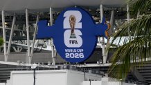 MIAMI, FLORIDA - MAY 22: The FIFA World Cup 2026 logo is seen covering the Hard Rock Stadium signage on the exterior of the stadium at Miami Stadium on May 22, 2026 in Miami, Florida. (Photo by Leonardo Fernandez/Getty Images)