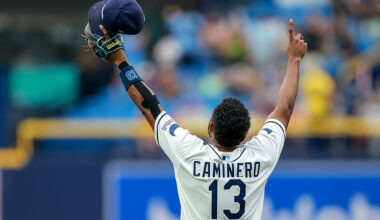 ST. PETERSBURG, FL - MAY 31: Junior Caminero #13 of the Tampa Bay Rays celebrates a win over the Los Angeles Angels after a baseball game at Tropicana Field on May 31, 2026 in St. Petersburg, Florida. (Photo by Mike Carlson/Getty Images)
