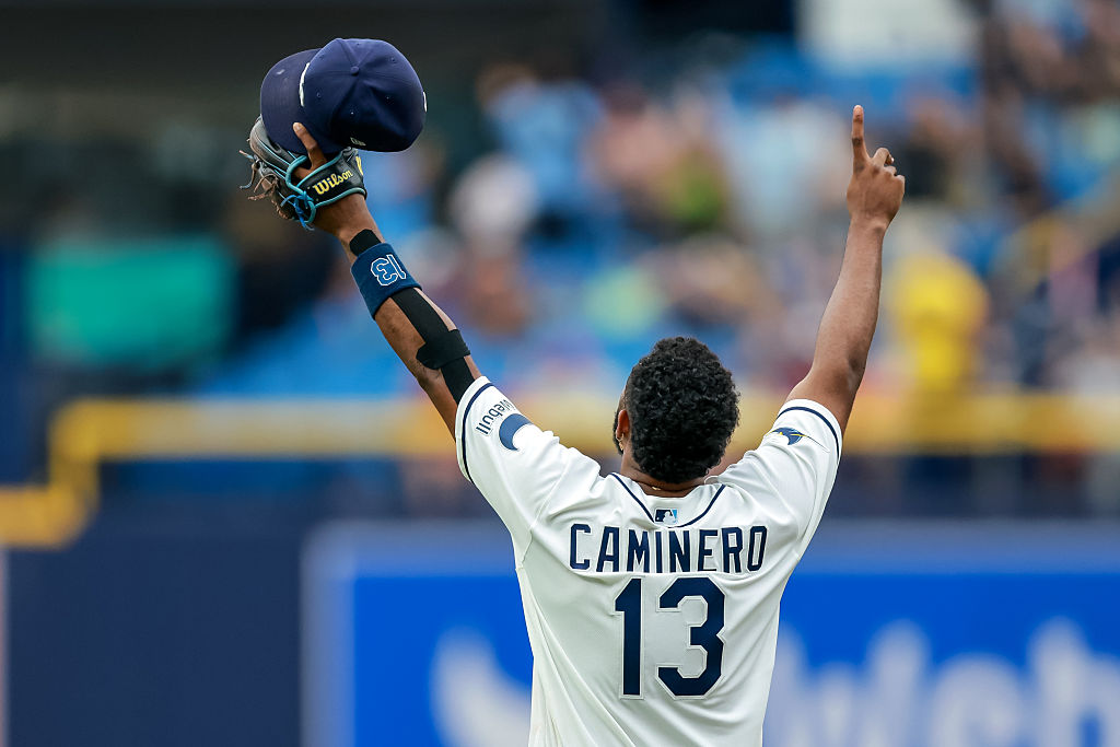 ST. PETERSBURG, FL - MAY 31: Junior Caminero #13 of the Tampa Bay Rays celebrates a win over the Los Angeles Angels after a baseball game at Tropicana Field on May 31, 2026 in St. Petersburg, Florida. (Photo by Mike Carlson/Getty Images)
