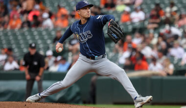 BALTIMORE, MD - MAY 26: Griffin Jax #22 of the Tampa Bay Rays pitches against the Baltimore Orioles during the first inning at Oriole Park at Camden Yards on May 26, 2026 in Baltimore, Maryland. (Photo by Scott Taetsch/Getty Images)