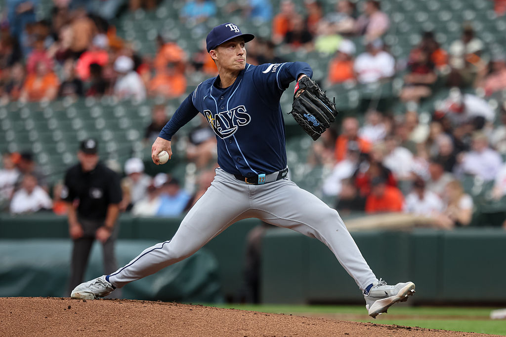 BALTIMORE, MD - MAY 26: Griffin Jax #22 of the Tampa Bay Rays pitches against the Baltimore Orioles during the first inning at Oriole Park at Camden Yards on May 26, 2026 in Baltimore, Maryland. (Photo by Scott Taetsch/Getty Images)