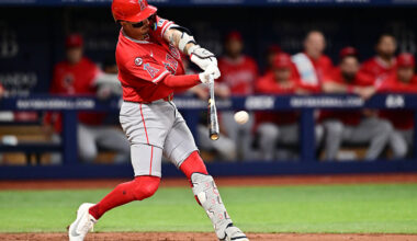 ST PETERSBURG, FLORIDA - MAY 29: Zach Neto #9 of the Los Angeles Angels hits a double in the third inning against the Tampa Bay Rays at Tropicana Field on May 29, 2026 in St Petersburg, Florida. (Photo by Julio Aguilar/Getty Images)