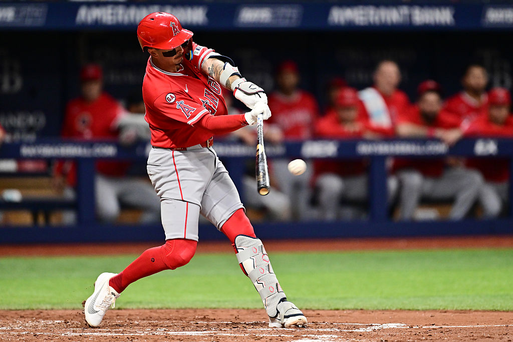 ST PETERSBURG, FLORIDA - MAY 29: Zach Neto #9 of the Los Angeles Angels hits a double in the third inning against the Tampa Bay Rays at Tropicana Field on May 29, 2026 in St Petersburg, Florida. (Photo by Julio Aguilar/Getty Images)