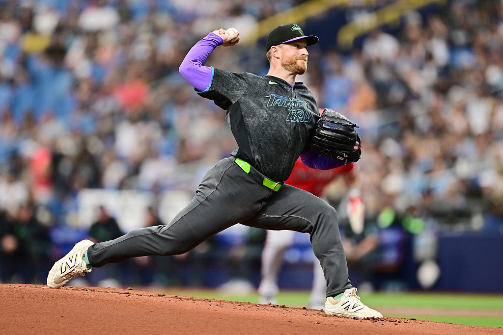 ST PETERSBURG, FLORIDA - MAY 30: Drew Rasmussen #57 of the Tampa Bay Rays delivers a pitch in the first inning against the Los Angeles Angels at Tropicana Field on May 30, 2026 in St Petersburg, Florida. (Photo by Julio Aguilar/Getty Images)
