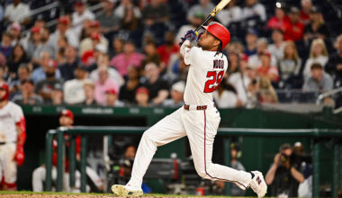 WASHINGTON, DC - JUNE 01: James Wood #29 of the Washington Nationals bats against the Miami Marlins at Nationals Park on June 01, 2026 in Washington, DC. (Photo by Jamie Sabau/Getty Images)