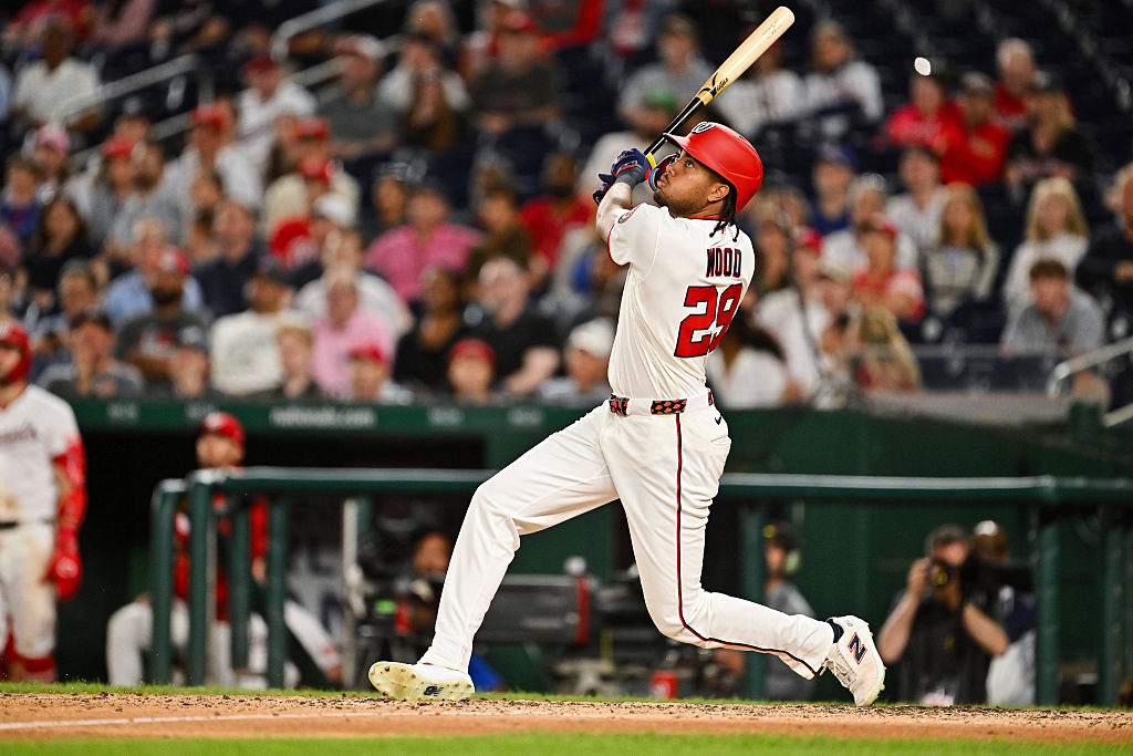 WASHINGTON, DC - JUNE 01: James Wood #29 of the Washington Nationals bats against the Miami Marlins at Nationals Park on June 01, 2026 in Washington, DC. (Photo by Jamie Sabau/Getty Images)