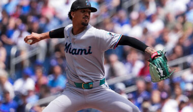 TORONTO, CANADA - MAY 27: Eury Pérez #39 of the Miami Marlins pitches during the game against the Toronto Blue Jays at Rogers Centre on May 26, 2026 in Toronto, Canada.