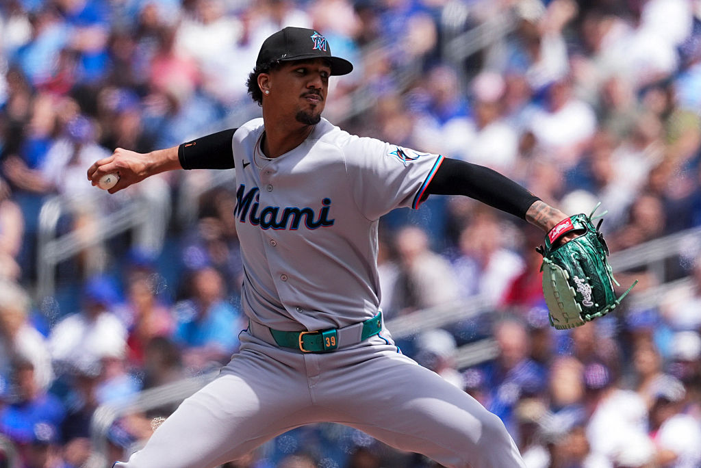 TORONTO, CANADA - MAY 27: Eury Pérez #39 of the Miami Marlins pitches during the game against the Toronto Blue Jays at Rogers Centre on May 26, 2026 in Toronto, Canada.