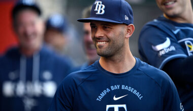 ANAHEIM, CALIFORNIA - JUNE 12: Nick Martinez #28 of the Tampa Bay Rays looks on before the game against the Los Angeles Angels at Angel Stadium of Anaheim on June 12, 2026 in Anaheim, California. (Photo by Orlando Ramirez/Getty Images)