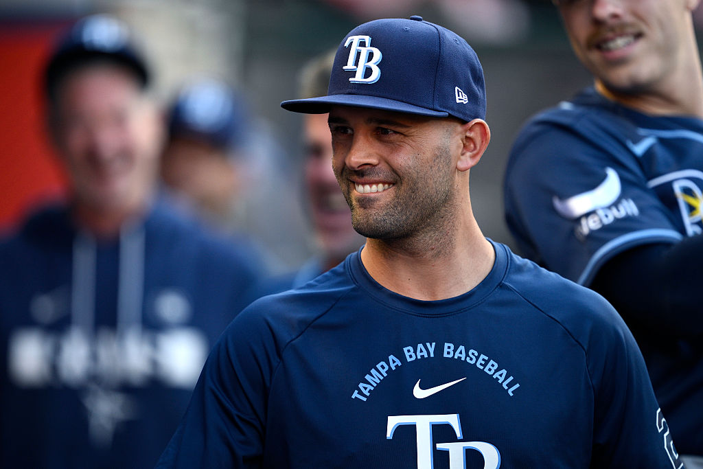 ANAHEIM, CALIFORNIA - JUNE 12: Nick Martinez #28 of the Tampa Bay Rays looks on before the game against the Los Angeles Angels at Angel Stadium of Anaheim on June 12, 2026 in Anaheim, California. (Photo by Orlando Ramirez/Getty Images)