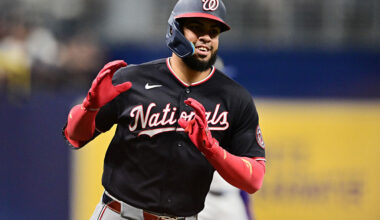 ST PETERSBURG, FLORIDA - JUNE 19: Luis García Jr. #2 of the Washington Nationals celebrates after hitting a home run in the third inning against the Tampa Bay Rays at Tropicana Field on June 19, 2026 in St Petersburg, Florida. (Photo by Julio Aguilar/Getty Images)