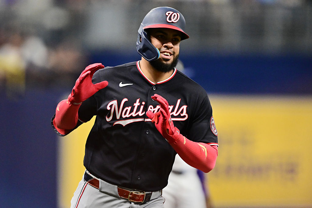 ST PETERSBURG, FLORIDA - JUNE 19: Luis García Jr. #2 of the Washington Nationals celebrates after hitting a home run in the third inning against the Tampa Bay Rays at Tropicana Field on June 19, 2026 in St Petersburg, Florida. (Photo by Julio Aguilar/Getty Images)