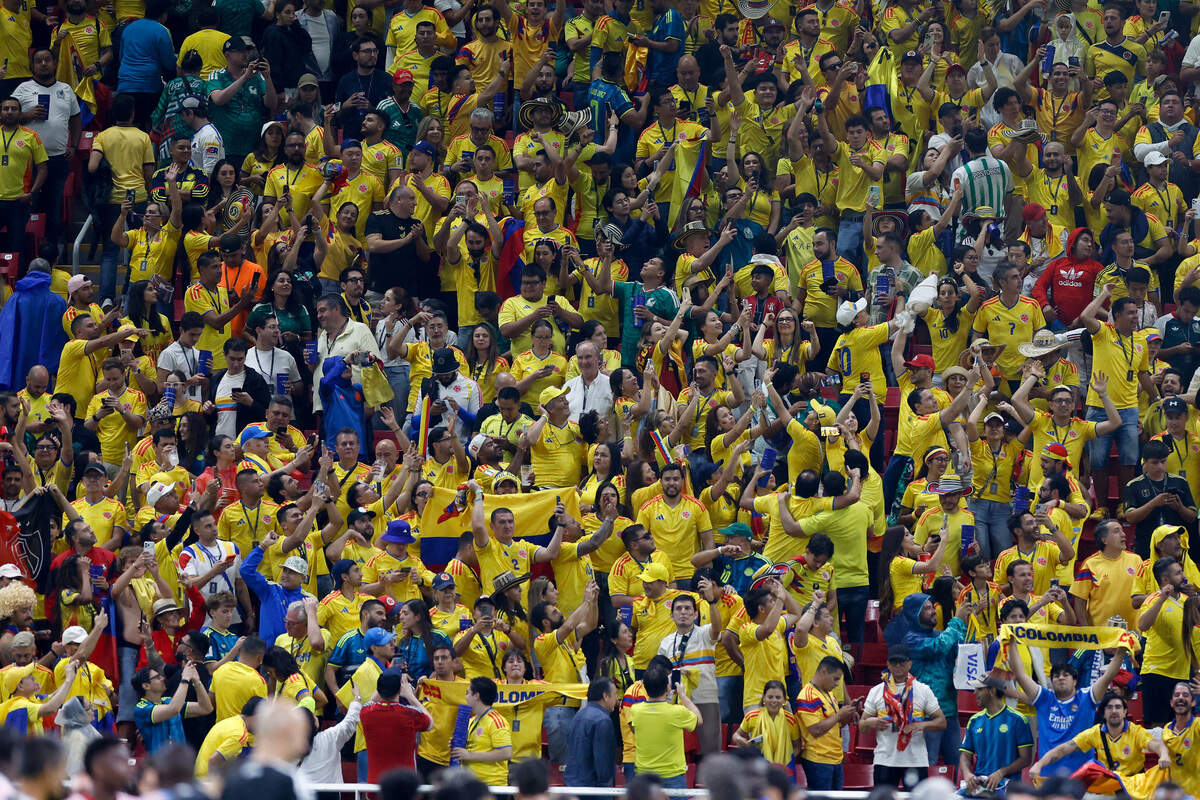 Colombian fans celebrate at the end of the 2026 World Cup Group K football match between Colombia and Democratic Republic of Congo at the Guadalajara Stadium in Zapopan on June 23, 2026.  (Photo by Ulises RUIZ / AFP via Getty Images)