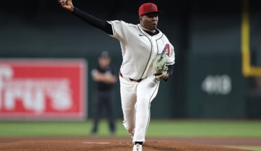 PHOENIX, ARIZONA - JUNE 21: Jose Cabrera #53 of the Arizona Diamondbacks warms up in his debut during the first inning of the MLB game against the Minnesota Twins at Chase Field on June 21, 2026 in Phoenix, Arizona. (Photo by Jeremy Chen/Getty Images)
