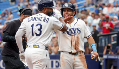 ST. PETERSBURG, FL - JUNE 25: Junior Caminero #13 of the Tampa Bay Rays celebrates his home run against the Kansas City Royals with Jonathan Aranda #8 during the eighth inning of a baseball game at Tropicana Field on June 25, 2026 in St. Petersburg, Florida. (Photo by Mike Carlson/Getty Images)