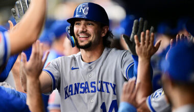 ST PETERSBURG, FLORIDA - JUNE 23: Jac Caglianone #14 of the Kansas City Royals celebrates hitting a two-run home run in the fifth inning against the Tampa Bay Rays at Tropicana Field on June 23, 2026 in St Petersburg, Florida.