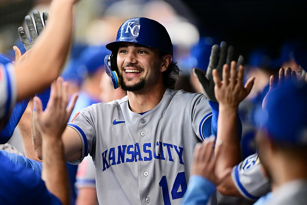 ST PETERSBURG, FLORIDA - JUNE 23: Jac Caglianone #14 of the Kansas City Royals celebrates hitting a two-run home run in the fifth inning against the Tampa Bay Rays at Tropicana Field on June 23, 2026 in St Petersburg, Florida.