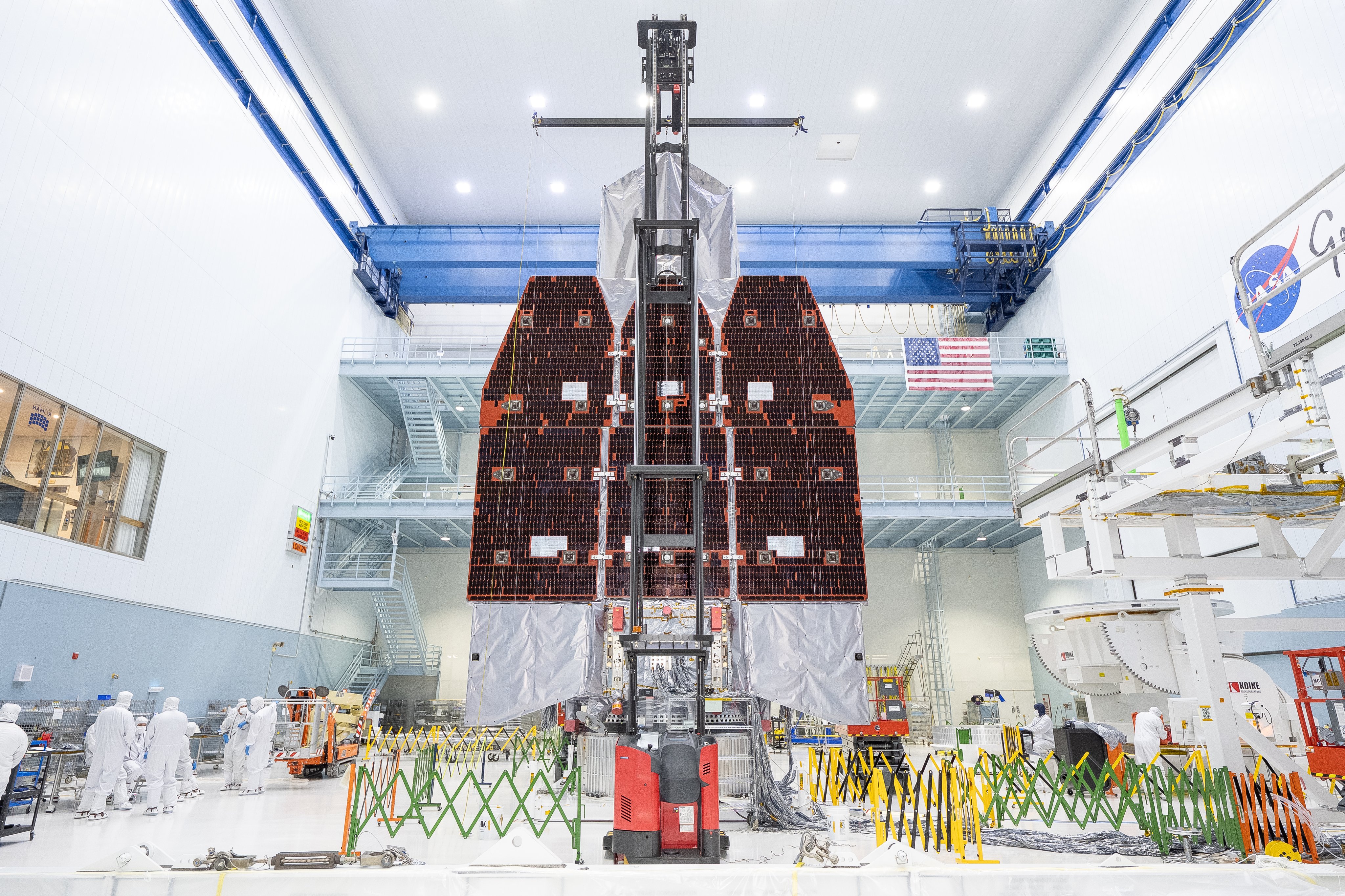 NASAâs Nancy Grace Roman Space Telescope stands fully assembled, following...