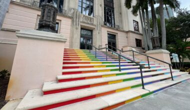 The stairs leading into St. Petersburg's City Hall are seen decorated in the colors of the pride flag. (Spectrum News/Anthony Sande)