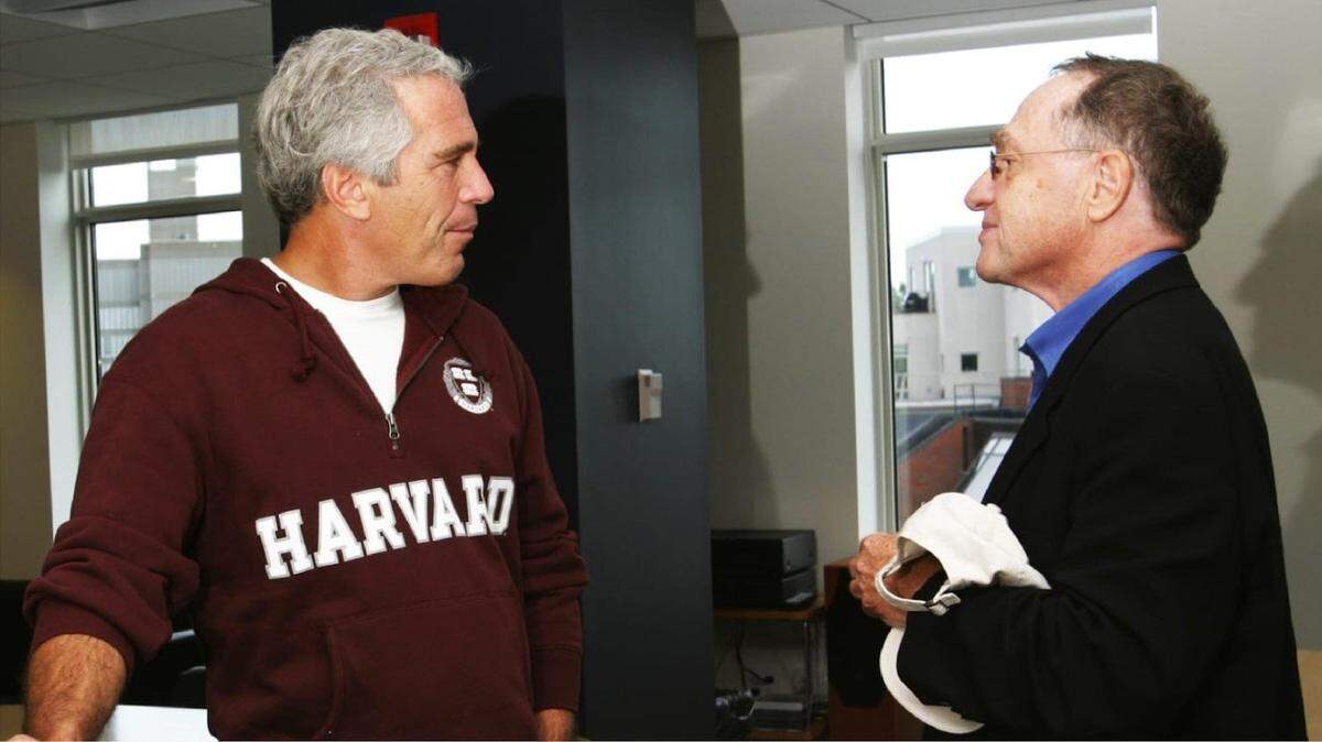An undated photo of Jeffrey Epstein and his defense attorney Alan Dershowitz, a professor emeritus at Harvard Law School, released by Democrats on the House Oversight Committee, Dec. 12, 2025.