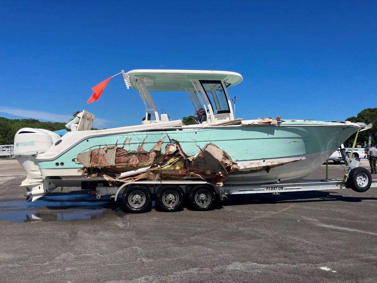 Damage to the 29-foot Robalo piloted by George Pino, who crashed his boat into a concrete channel marker in Biscayne Bay on Sept. 4, 2022. The boat crash led to the death of Luciana ‘Lucy’ Fernandez, 17, a senior at Our Lady of Lourdes Academy.