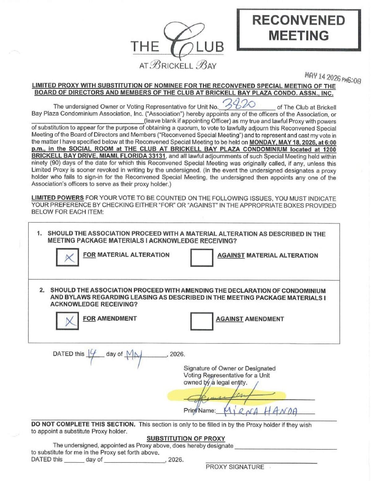 Club at Brickell Bay owner Mirna Handal says her signature was forged and her name was misspelled in a May 14 ballot. She says she did not vote.  Her signature is highlighted.Residents of The Club at Brickell Bay, a condo tower where 85 percent of the units are rented through Airbnb and other vacation sites, are fighting to reclaim their once peaceful life