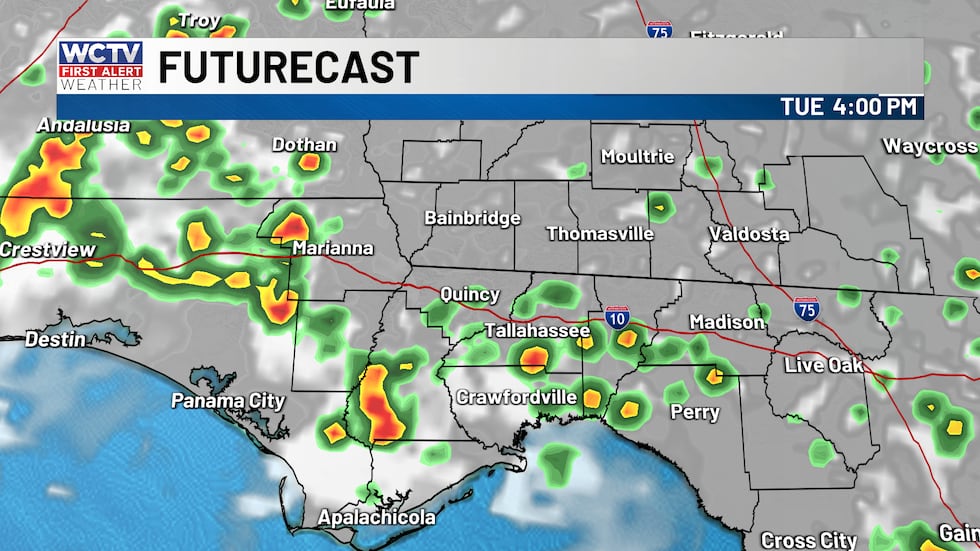 Showers and storms on Tuesday afternoon, especially in the Big Bend region.
