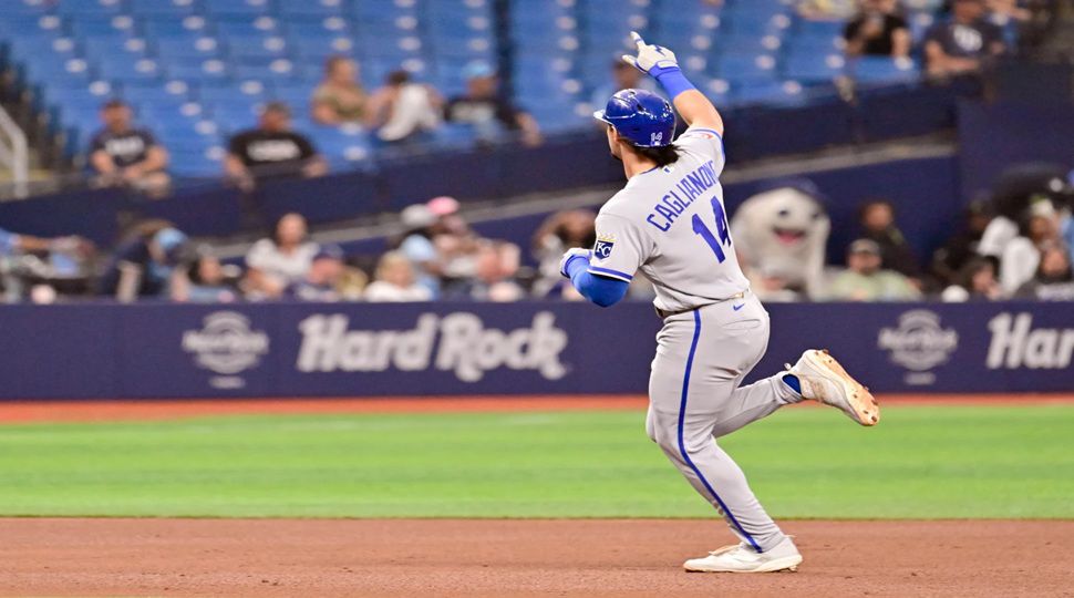 Kansas City Royals' Jac Caglianone rounds the base after his two-run home run during the fifth inning of a baseball game against the Tampa Bay Rays Tuesday, June 23, 2026, in St. Petersburg, Fla. (AP Photo/Jason Behnken)