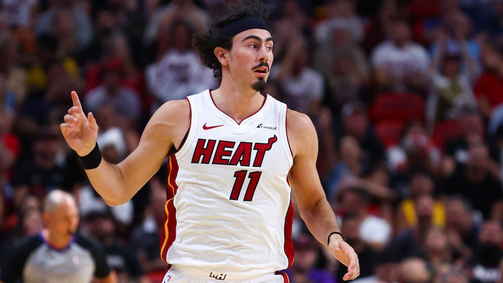 Miami Heat rookie Jaime Jaquez Jr. in a white uniform