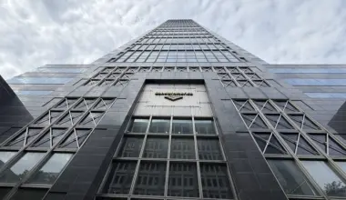 Looking up from the ground level at the Bank of America Tower