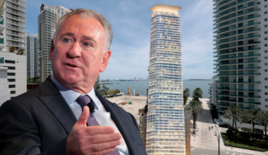 Ken Griffin wearing a blue button down and black jacket over a image of Brickell with a rendering of his Citadel tower