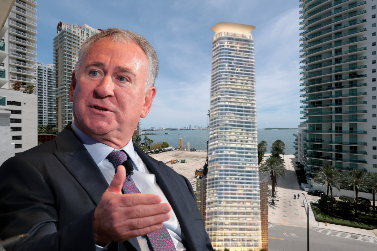 Ken Griffin wearing a blue button down and black jacket over a image of Brickell with a rendering of his Citadel tower