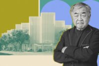 Architect Kengo Kum with rendering of Mirai Design District