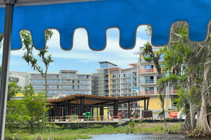 Lakeshore Lodge lakefront building for dining or recreation during construction April 2026