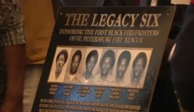During Monday’s recognition ceremony, fire officials unveiled the Legacy Six Dedication Plaque, which will be permanently displayed at fire rescue headquarters on MLK Jr. Street South. (Spectrum News image)