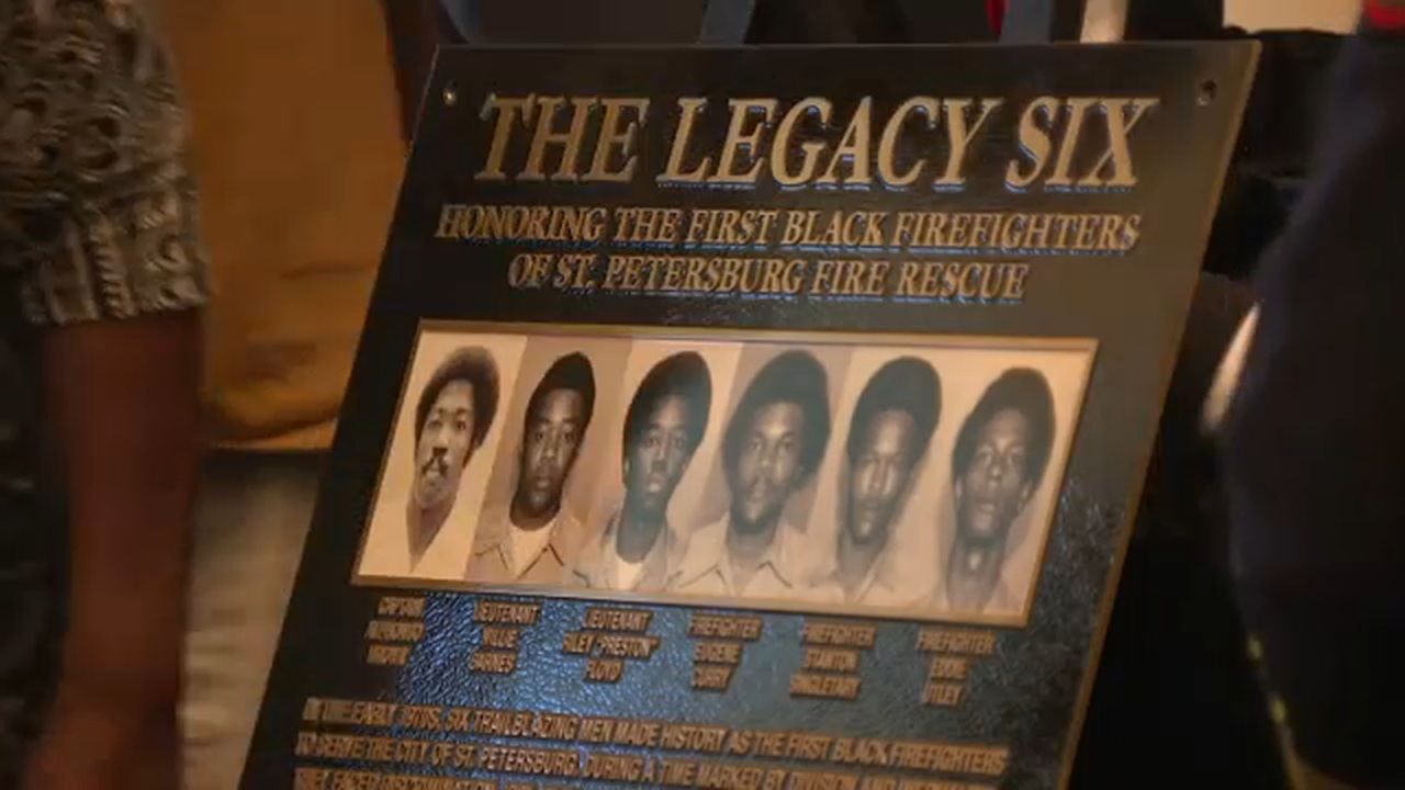 During Monday’s recognition ceremony, fire officials unveiled the Legacy Six Dedication Plaque, which will be permanently displayed at fire rescue headquarters on MLK Jr. Street South. (Spectrum News image)