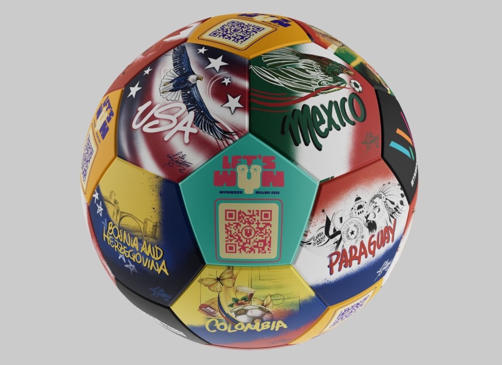 photo of a soccer ball with patches representing different countries for the World Cup