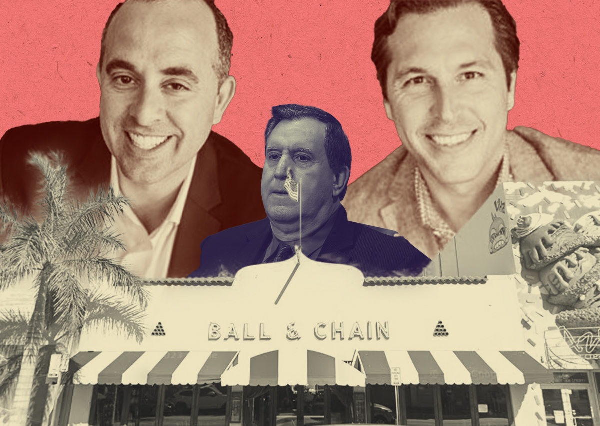 Barlington Group's Bill Fuller (left) and Martin Pinilla II (right); Miami commissioner Joe Carollo (middle) (Getty, Barlington Group, Google Maps)