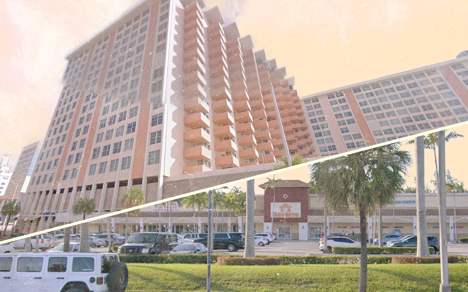 (Top) Triton Tower Condominium at 2899 Collins Avenue' (Bottom) Shoppes at Arch Creek at 13255 Biscayne Boulevard (Google Maps, Getty)