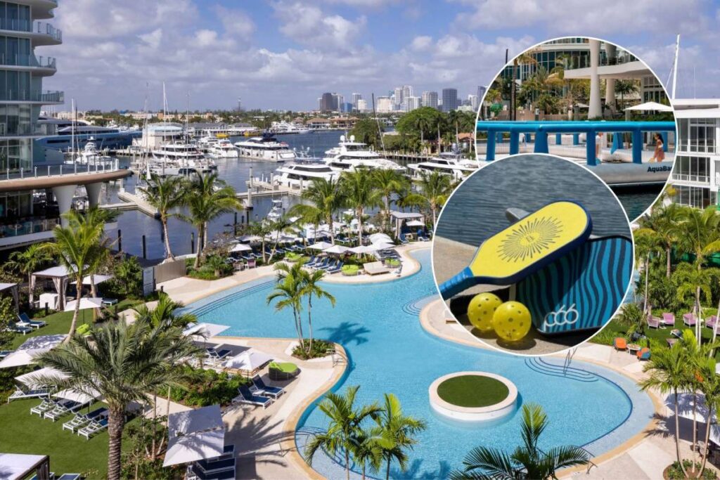 Resort pool marina view with images of floating pickleball