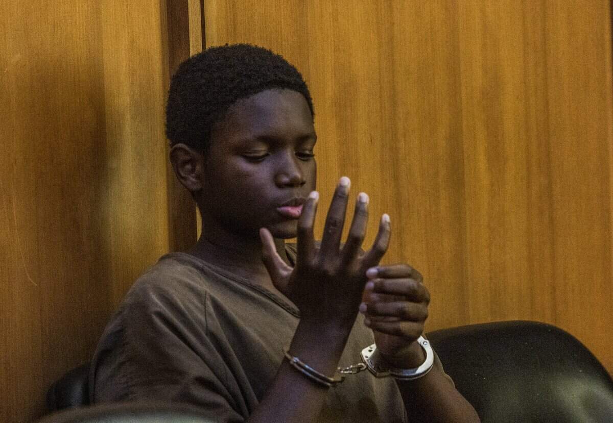 Defendant Xavier Tyson, 15, who is charged as an adult in the rape of a 12-year-old girl in Overtown, reacts during a bond hearing in front of Judge Richard Hersch, at Courtroom 4-8 at the Richard E. Gerstein Justice Building, on Friday, June 26, 2026.