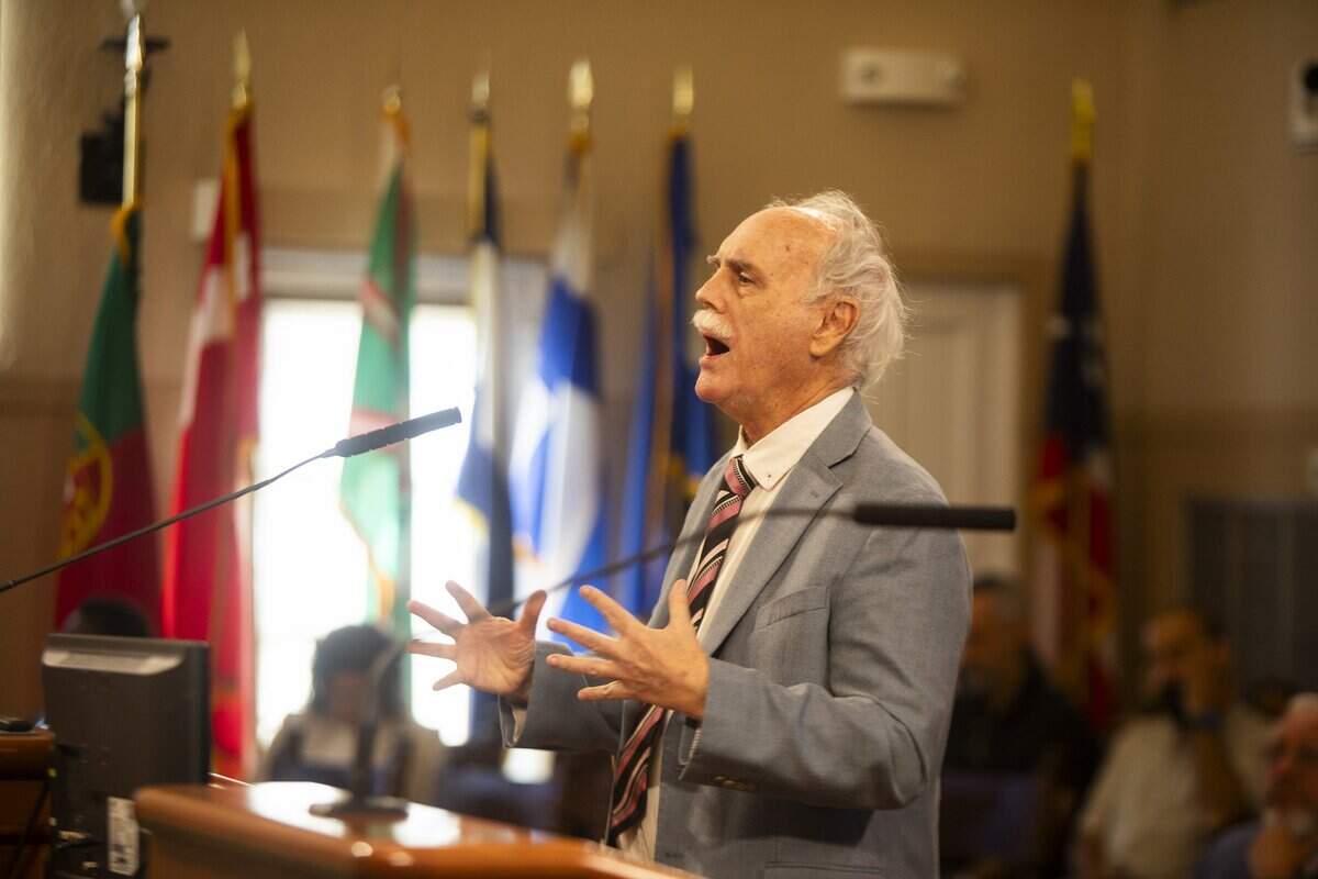 Jackson Rip Holmes speaks during a public meeting about the proposal to hang Israel's flag on the Coral Gables City Hall building, held at Coral Gables City Hall on September 25, 2025.