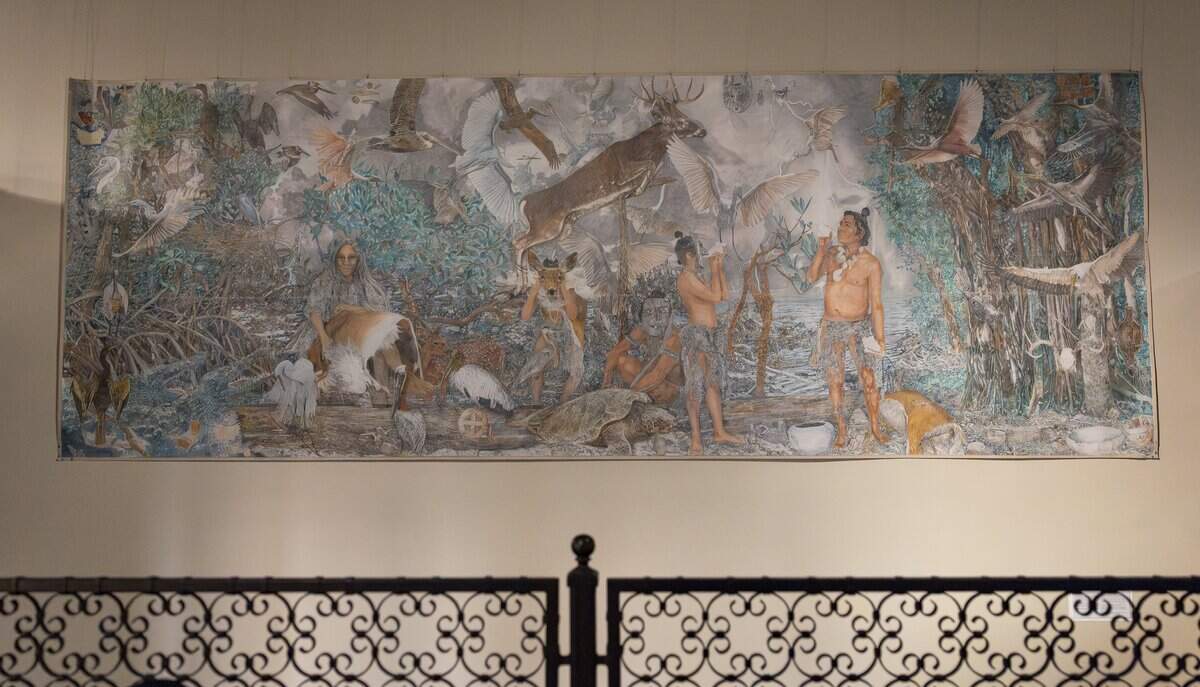 Ann McCoy’s “La Florida,” on display at the Museum of Miami, formerly HistoryMiami, depicts prehistoric indigenous life amid South Florida’s flora and fauna.