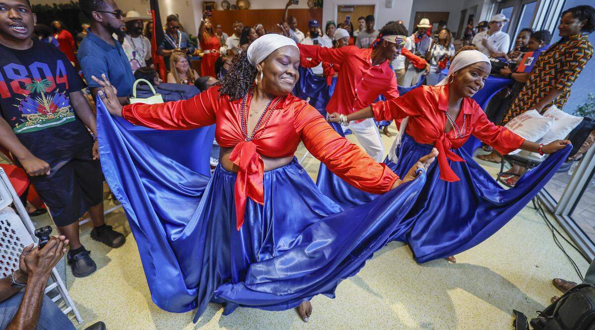 The Nancy St Leger NSL Danse Ensemble perform as ARTBEAT MIAMI honors Haiti's 1974 World Cup team players at the Little Haiti Cultural Center in Miami, Florida, on Sunday, May 24, 2026.