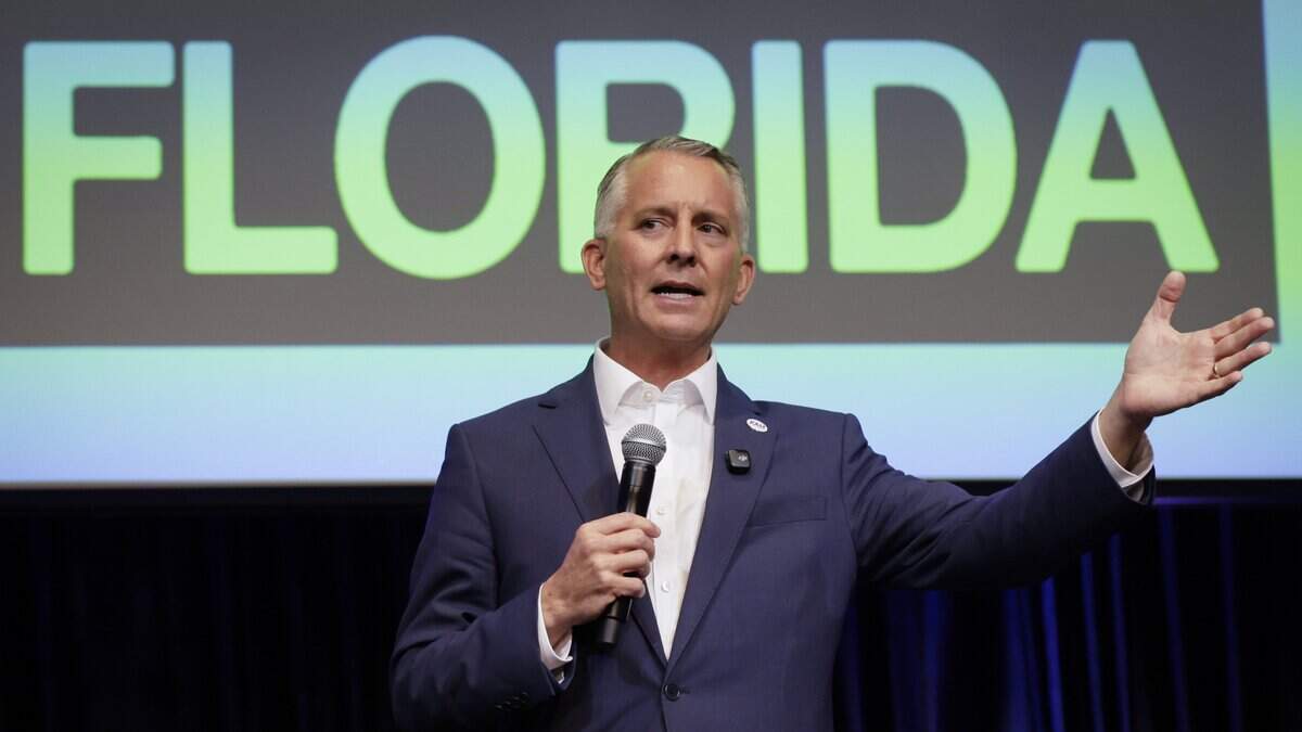 Democratic nominee for Florida governor, David Jolly, speaks during a campaign rally with running mate and former Congresswoman Gwen Graham at Florida International University Graham Center Ballroom in Miami on Florida, on Thursday, June 11, 2026.
